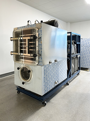 Front view real shot of a large industrial lyophilizer machine with protective film, featuring a square door and lower cold trap window.